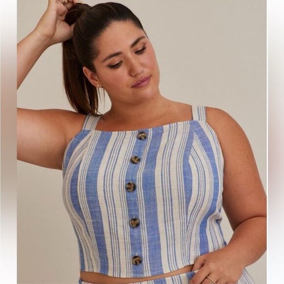 NWT Torrid Blue Striped Mock Button-Down Women's Crop Top - Picture 1 of 11